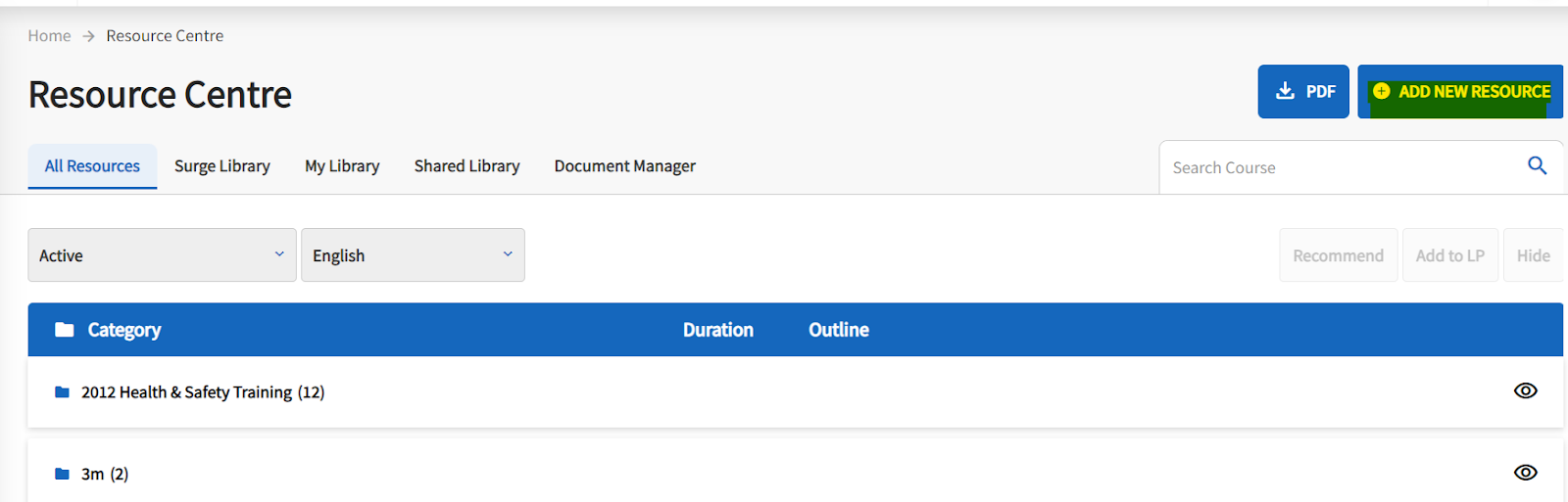 The Resource Centre page is displayed with the icon Add New Resource Highlighted. 