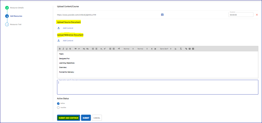 The Add Resource / Upload Content page is open. Highlighted is the Upload/Source Document and Upload/Reference Document. 