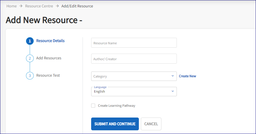 The Add New Resource tab is displayed with the open text boxes. The text box opened include Resource Name, Author/Creator, Category, and Language.  The checkbox option to create a Create Learning Pathway. 