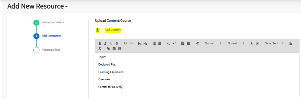 The second Add Resource Button is displayed. The Add Content icon is highlighted.
