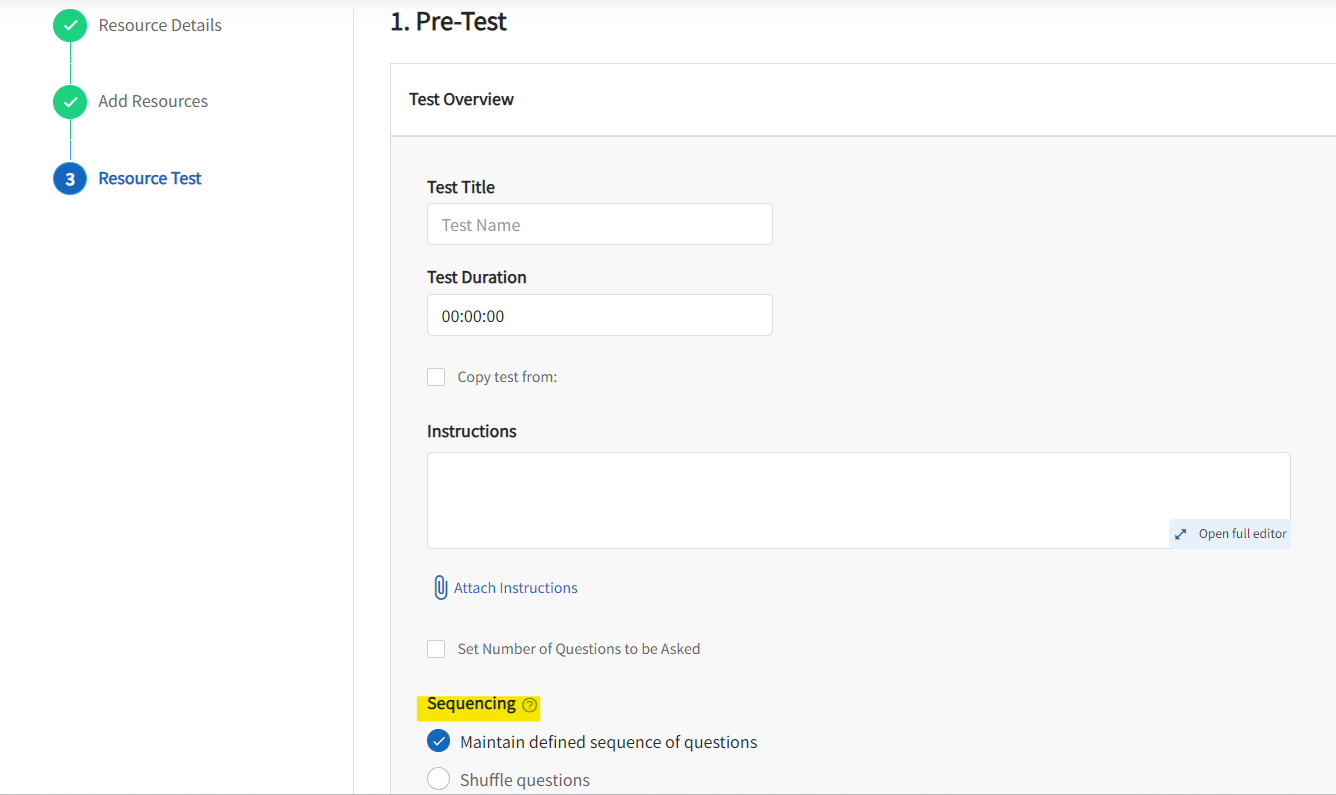 The Pre-test page is displayed with the open text box options. The open text boxes include Text title, Test Duration, Instruction.  Additionally there are checkboxes that will allow you to copy a test and the option to shuffle the test questions. 