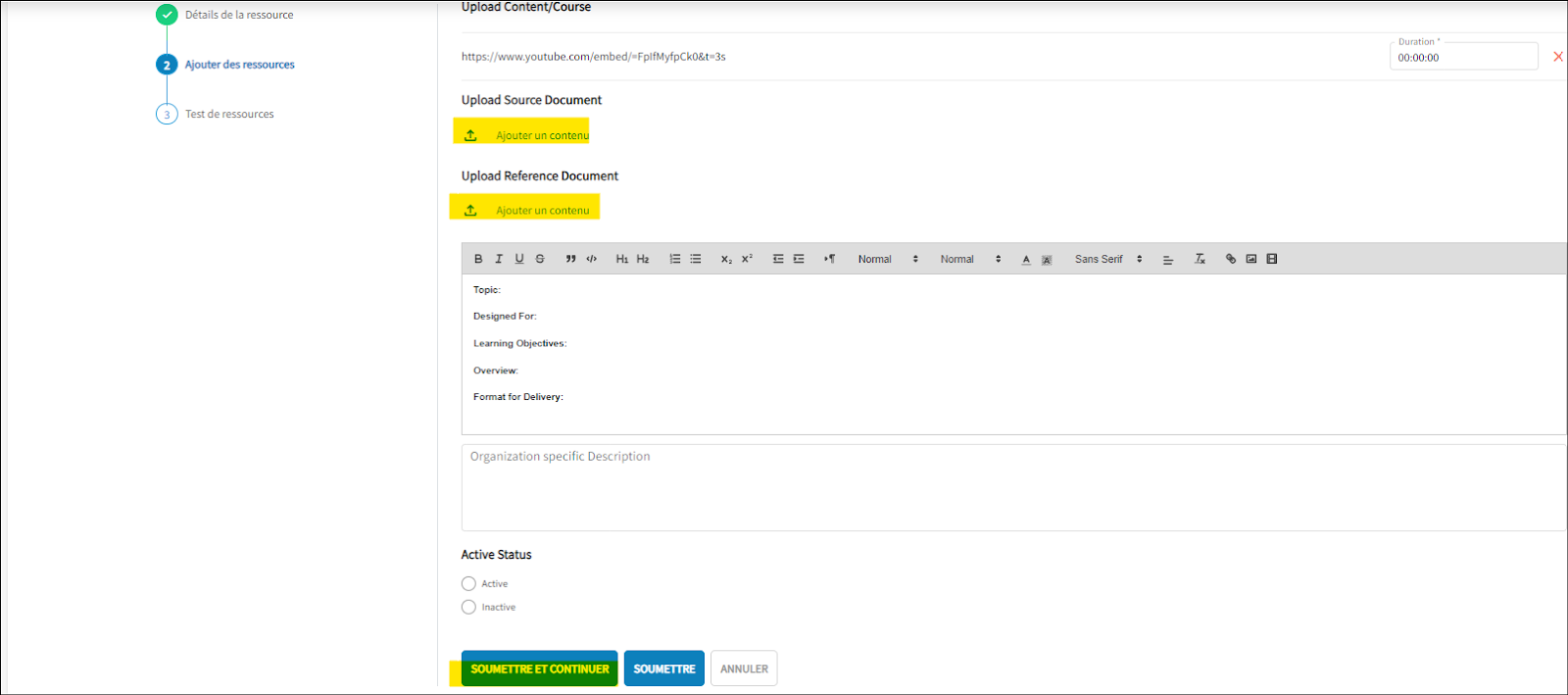 La page Ajouter une ressource / Télécharger du contenu est ouverte. Le document téléchargé/source et le document téléchargé/référence sont mis en surbrillance.