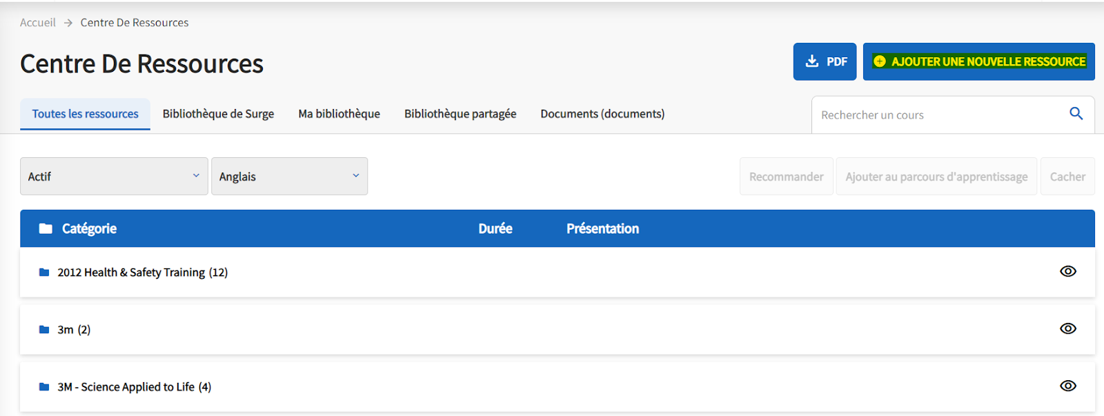 La page Centre de ressources s'affiche avec l'icône Ajouter une nouvelle ressource en surbrillance.