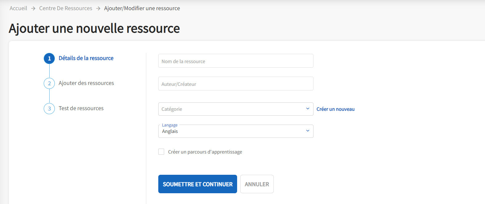 La page Centre de ressources s'affiche avec l'icône Ajouter une nouvelle ressource en surbrillance.