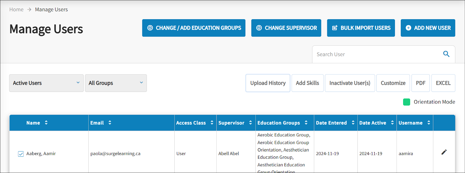 The manage users page is displayed, along with a list of the employee names. A check mark is placed in the checkbox.