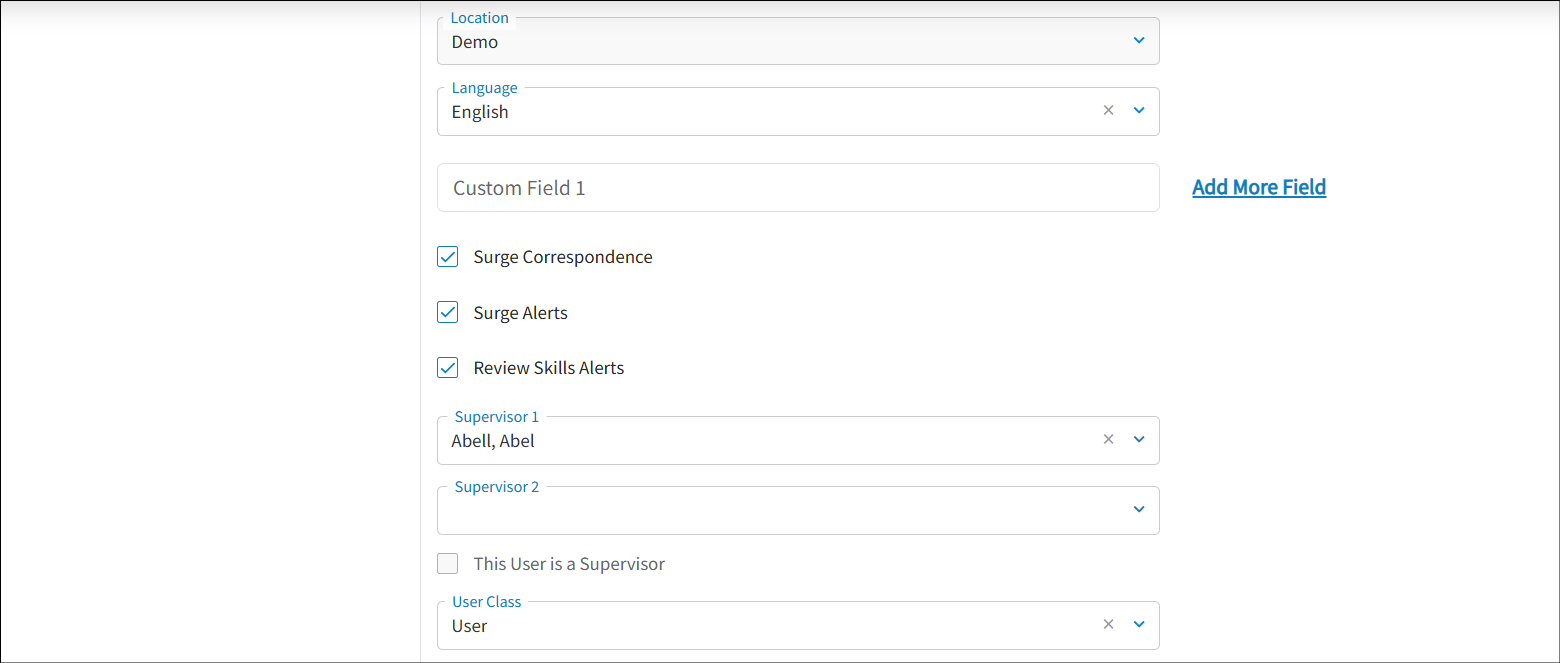 The edit user profile page is displayed. The details included are the language preference, the alert checkboxs, the users superviosr, and access level.