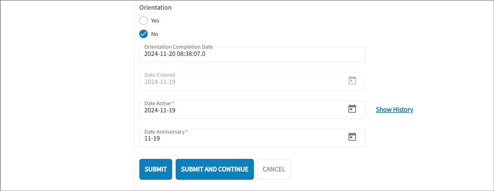 The edit user's profile page is displayed. The details displayed include the Orienation mode options, orienation completion date, date entered, date active, and users anniversay date. 