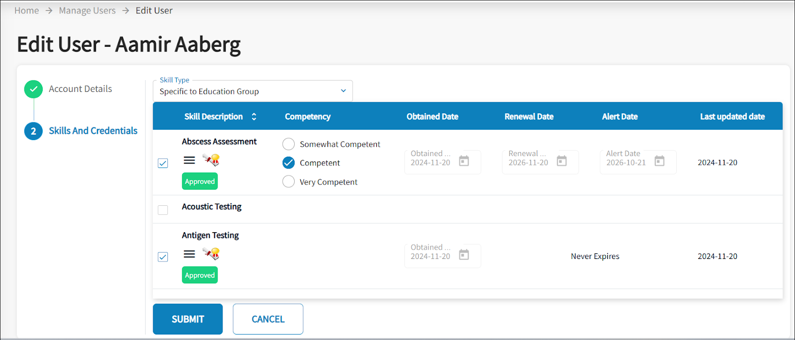 The edit user page is displayed. The inforamtion displayed include the skills and credentials. 