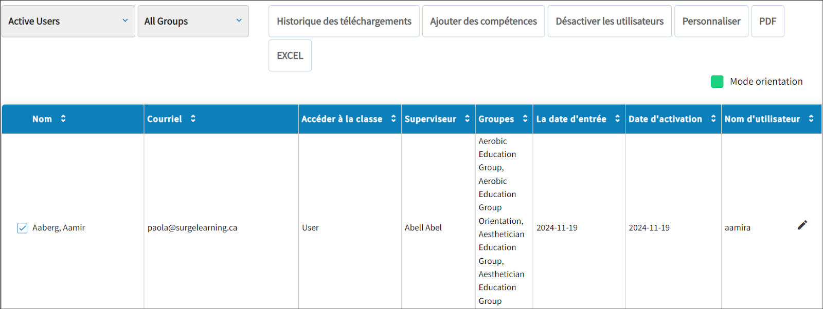 La page de gestion des utilisateurs s'affiche, ainsi qu'une liste des noms des employés. Une coche est placée dans la case à cocher.
