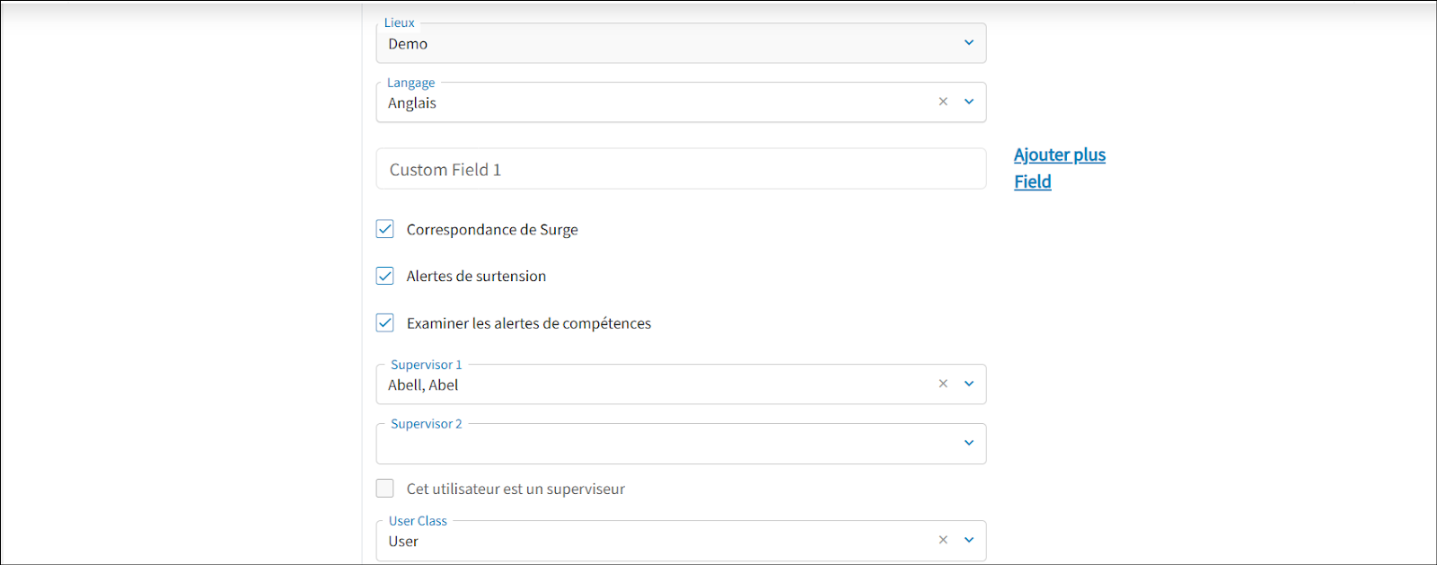 The edit user profile page is displayed. The details included are the language preference, the alert checkboxs, the users superviosr, and access level.
