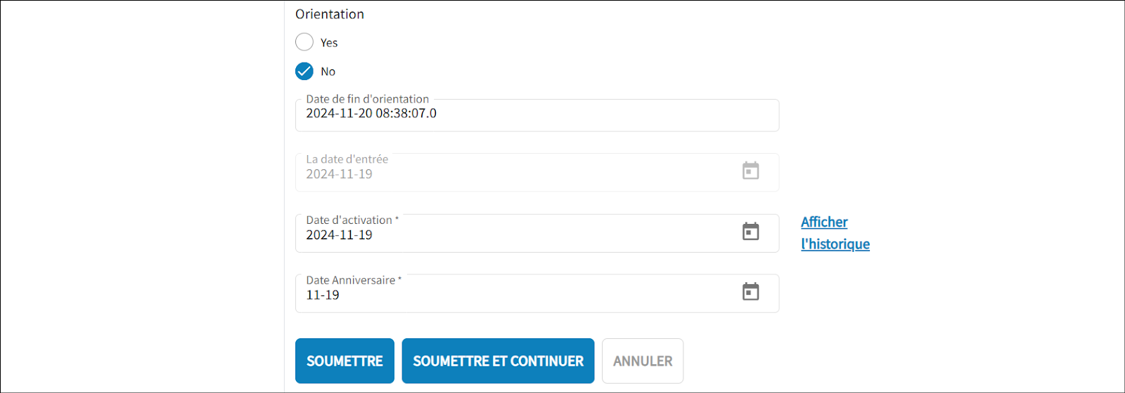 La page de modification du profil de l'utilisateur s'affiche. Les détails affichés incluent les options du mode d'orientation, la date de fin de l'orientation, la date saisie, la date d'activité et la date d'anniversaire de l'utilisateur.