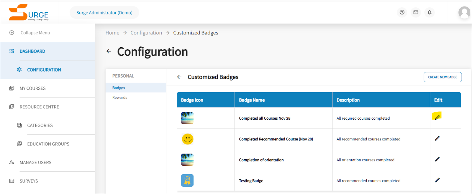 The configuration is displayed with a list of the badge icons.  The pencil icon is highlighted. 