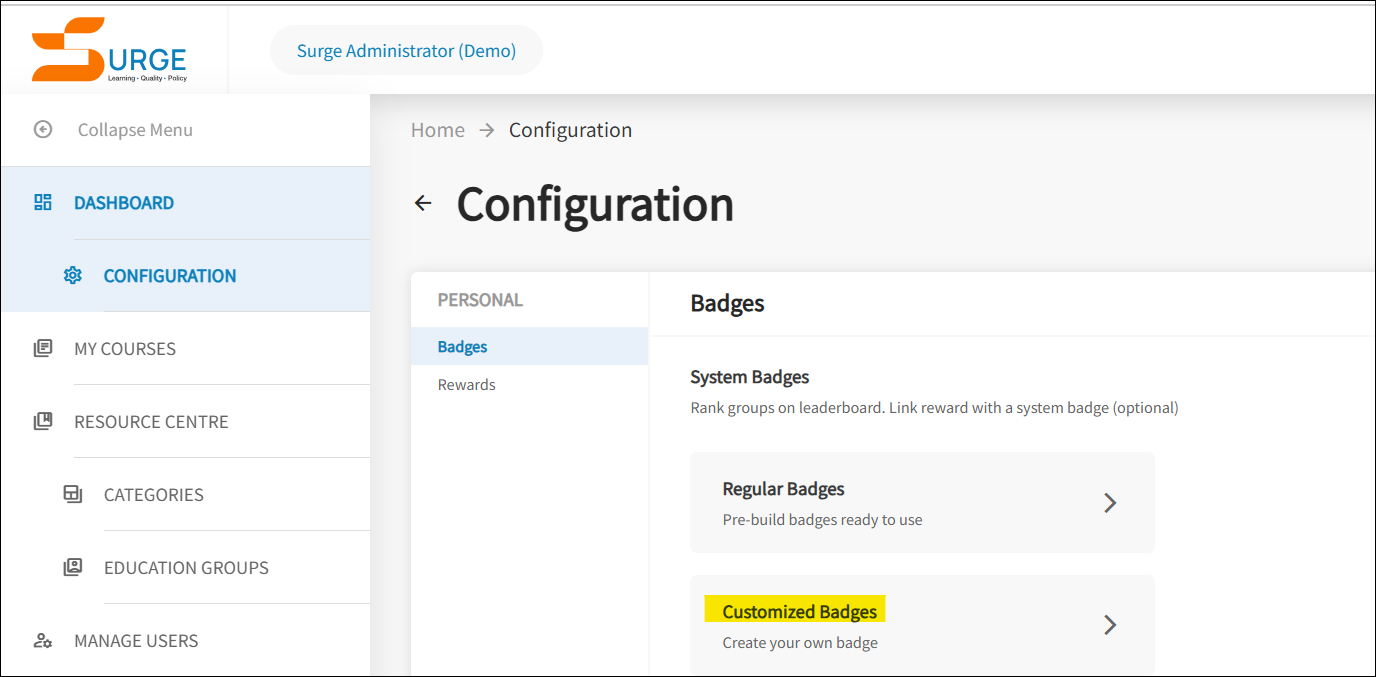 The configuration screen is displayed with the customized badges icon highlighted. 