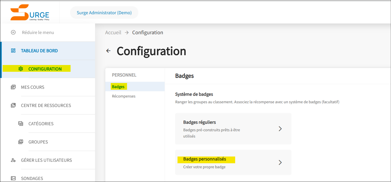 L'écran de configuration s'affiche avec l'icône des badges personnalisés en surbrillance.