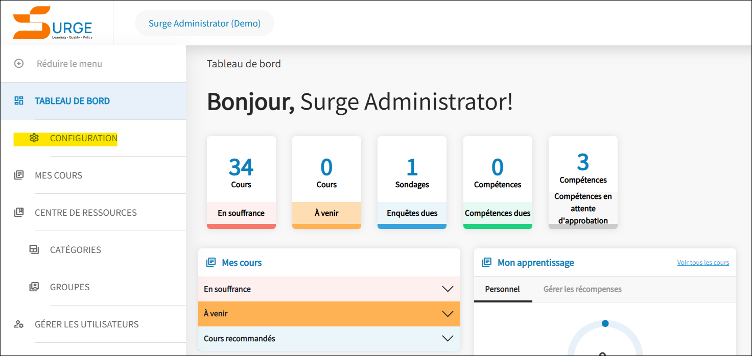 L'onglet Tableau de bord s'affiche, l'icône de configuration est en surbrillance.