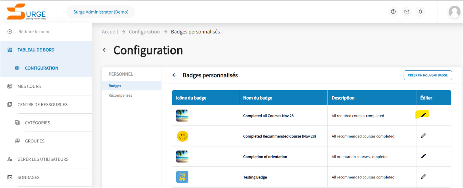 La configuration s'affiche avec une liste des icônes de badge.  L'icône en forme de crayon est mise en surbrillance.