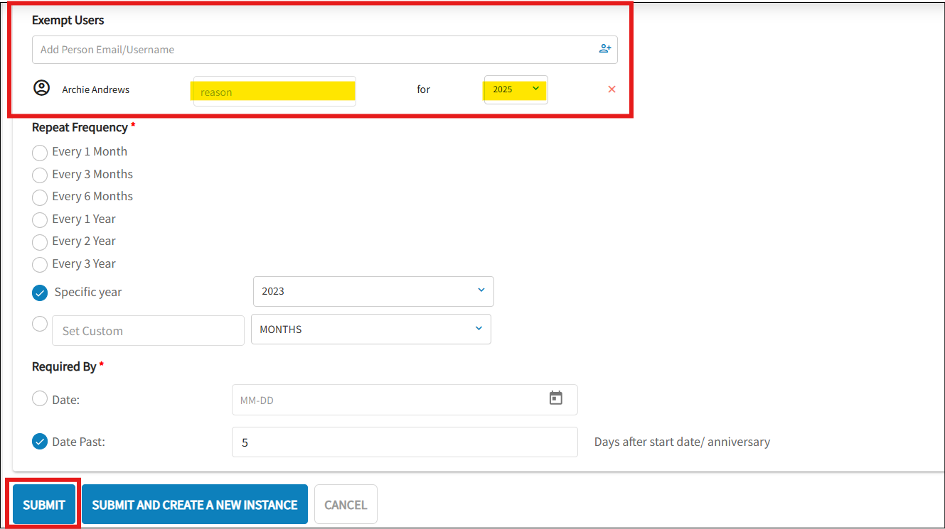 A screenshot of the assignment. Highlighted is the exempt user field, along with the reason and the year. At the bottom of the page the submit icon is highlighted in a red square. 