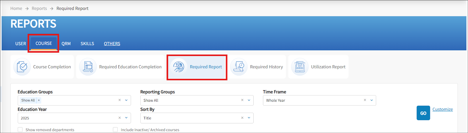 A screenshot of the reports page. Highlighted in a red square box is the course icon, and the required report icon. 