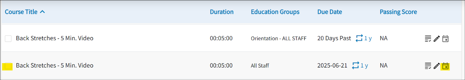 A screen capture of the assignment, highlighted is the checkbox, and the calendar icon.