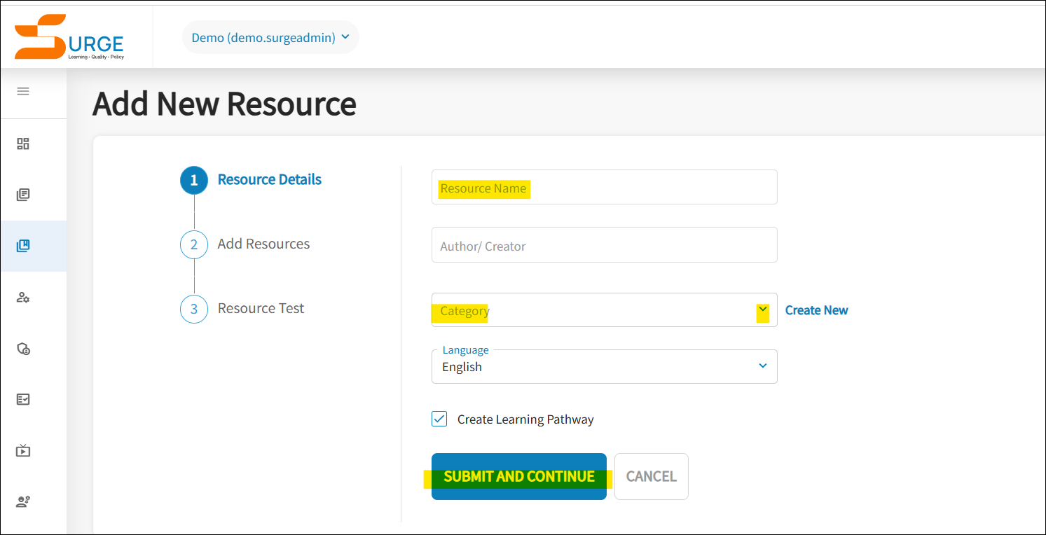The Add New Rescourse Page is open, and the Resource Name, Category, and Submit and Continue icon is highlighted. 