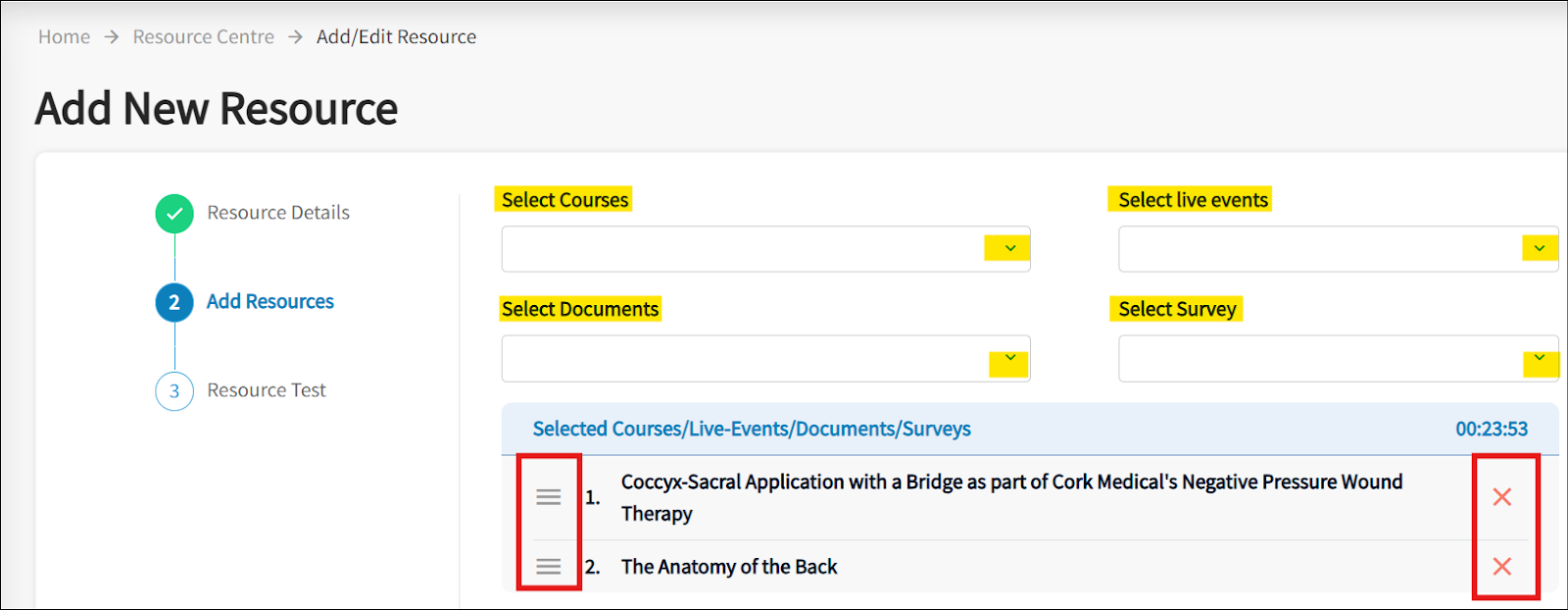 The 2nd step page for Adding a New Resource Page is open, and the Select Courses, Select Live Events, Select Documetns and Select Survey options are highlighted in yellow. 

Displayed is also 2 course names, and the icons to move or delete the coures are highlighted in a red box. 