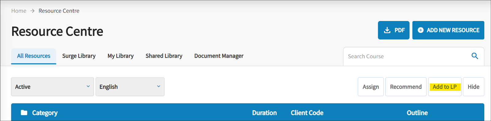 The resource centre screen is open the the ADD to LP is highlighted in yellow.
