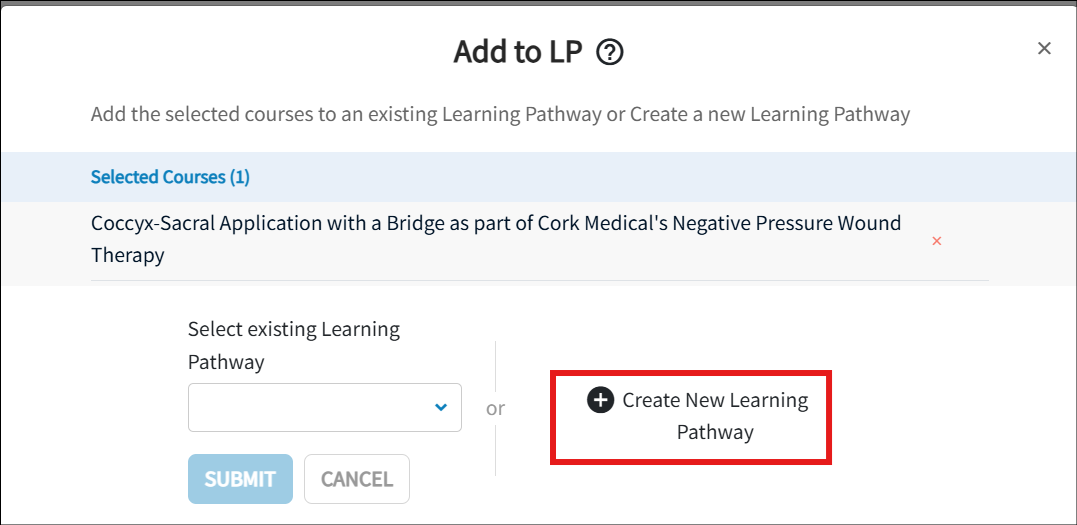 The Add to LP page is open, and the Creating a New learning Patwhay icon is highlighted with a Red Square