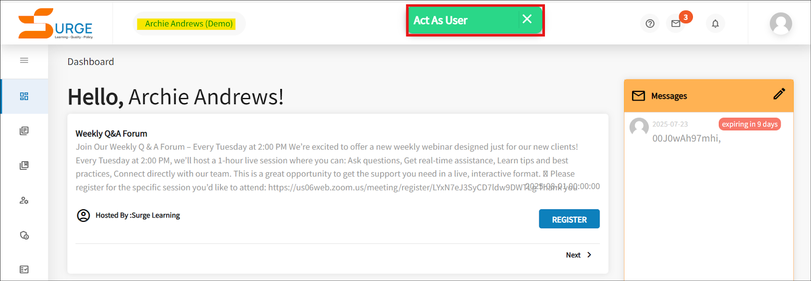 The learner's profile is open, and the green Act as a User Icon is displayed, and highlighted with a red box. 
