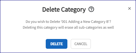 The delete category is displayed. A confirmation message is displayed. The delete button is highlighted in a dark blue. 