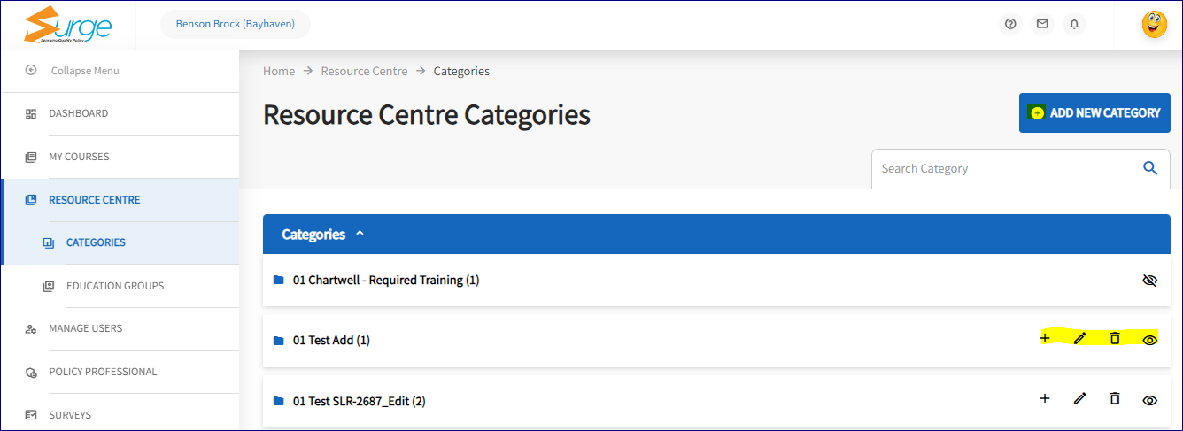 The categories page is displayed. The add new category icon is highlighted. There are 3 categories displayed. The action icons are highlighted next to a category. The 4 icons highlighted are a plus sign, pencil icon, trash bin and an eye. 