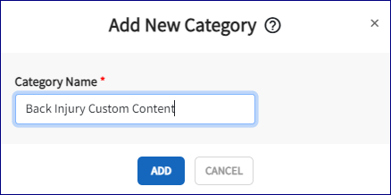 The add new category window is open. The category name area is displayed with a category name typed in the cell. The add button is highlighted in dark blue. 