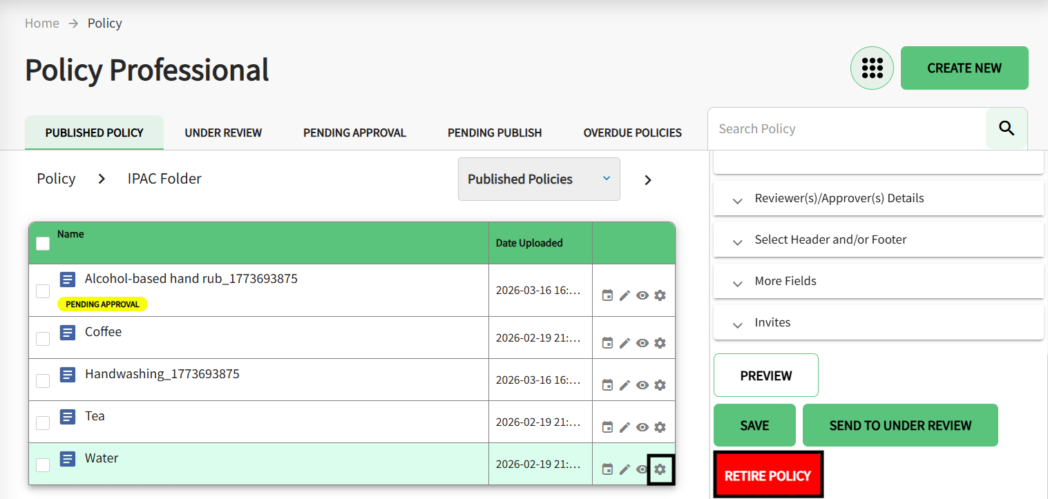 The policy page is displayed with the options and details of the policy, the retire button is red, and highlighted with a black outline.