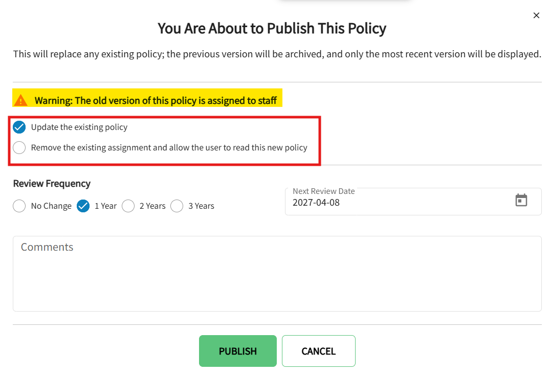 Republishing a policy window is displayed with the options on how the LMS resource library are displayed.