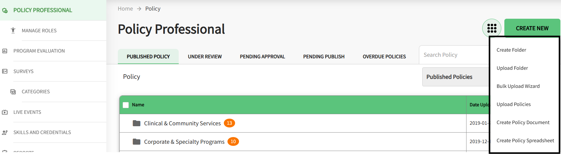 The Create New Menu Options is displayed.