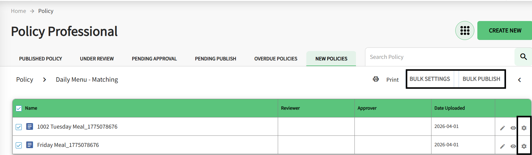 The Bulk Setting icons are highlighted along with the cogwheel.