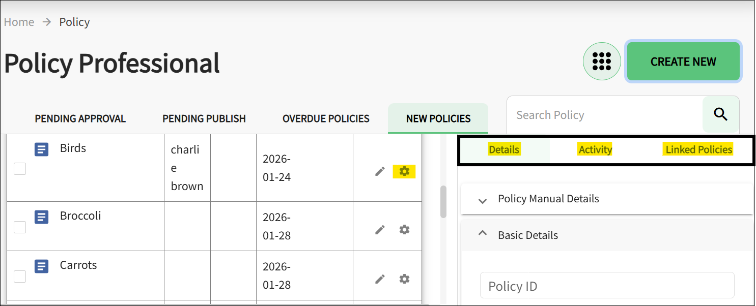 The details side panel is open, and highlighted is the details tab, activity tab, and linked policies/references. 