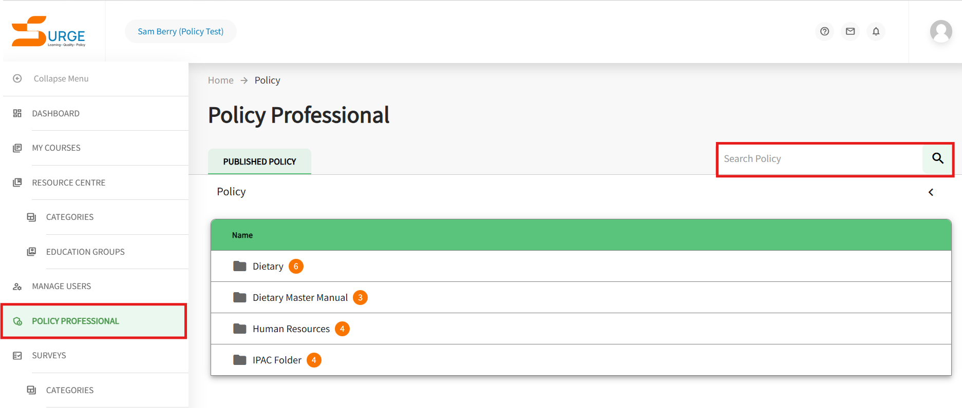 The policy professional product page is displayed. Highlighted is the search policy field.