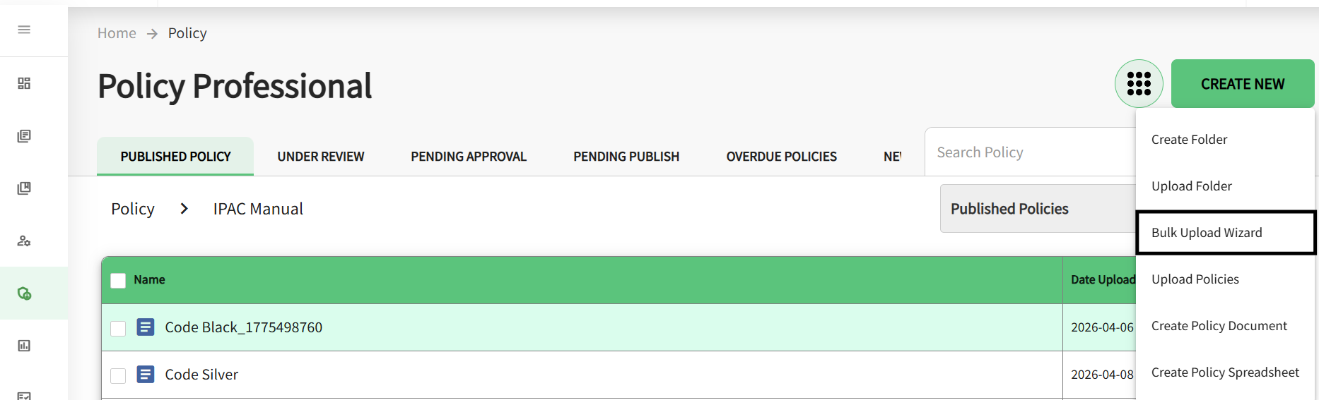 The create new tab is displayed and the bulk upload wizard is highlighted.