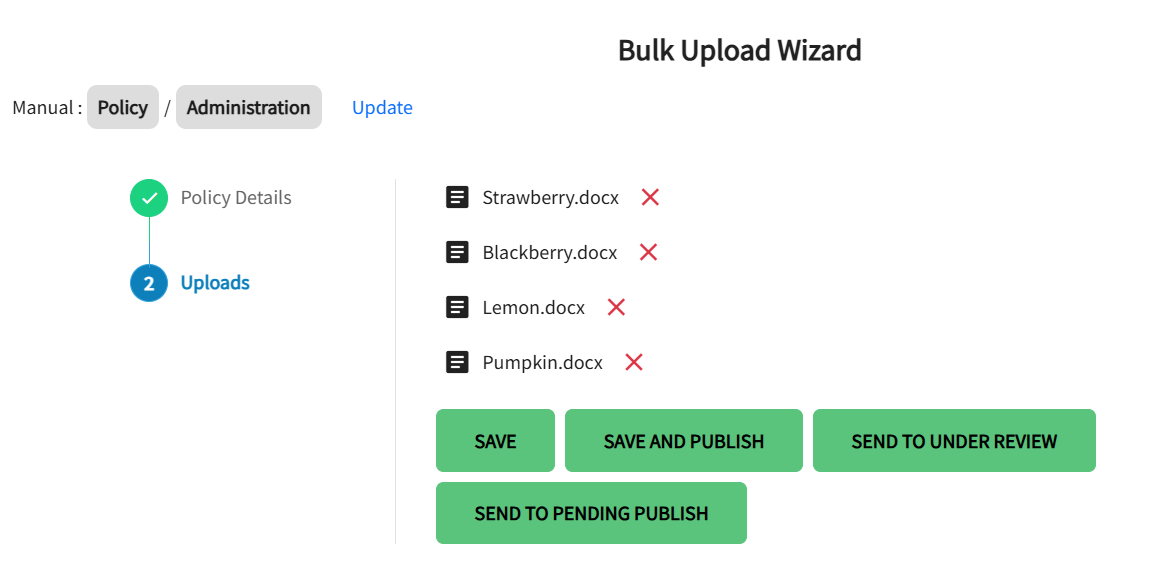 The bulk upload wizard is displayed with the document names that were dragged into the box, and the next step action buttons are available. 