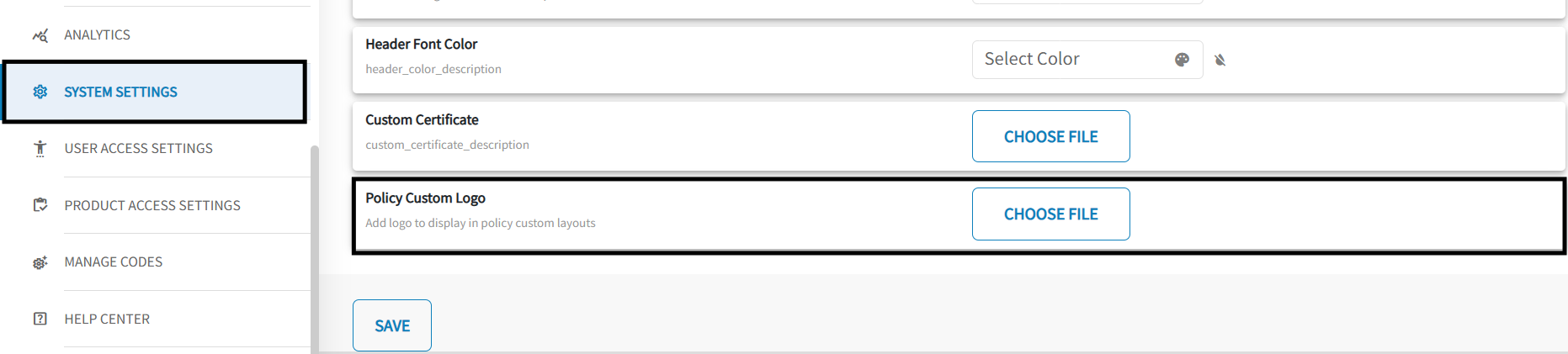 The system setting page is displayed with the policy custom logo option highlighted.