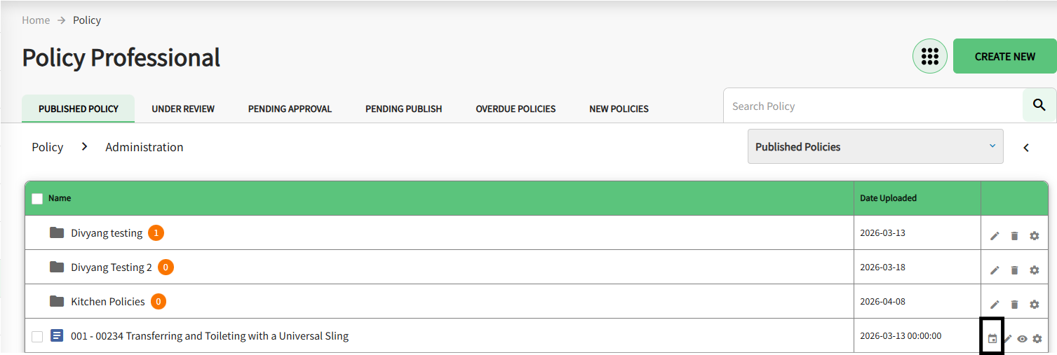 The published policy tab is displayed with the calander icon highlighted. 
