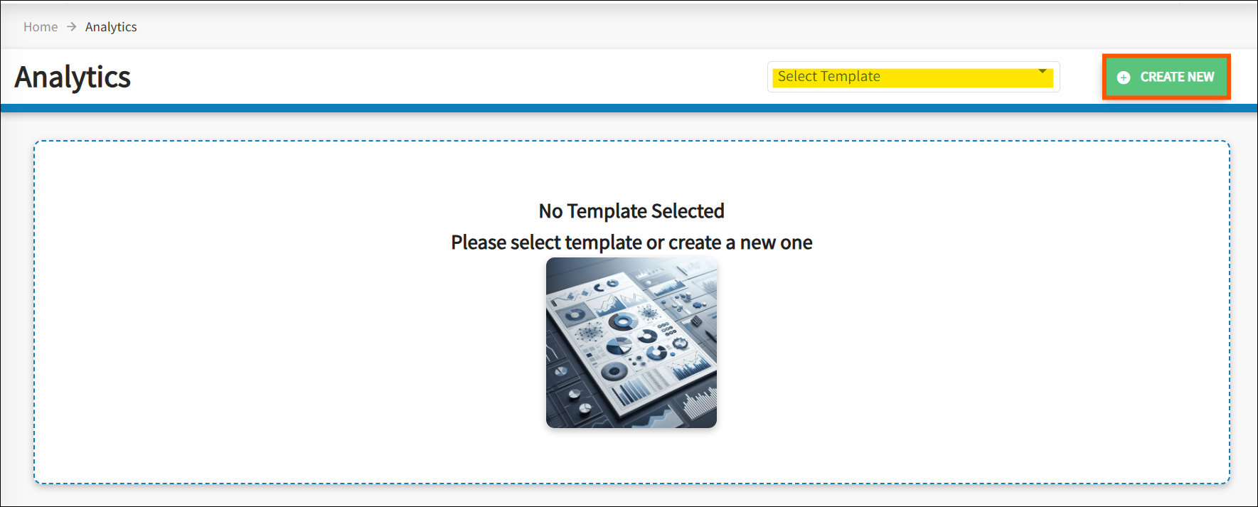 The main analystics page is displayed. Highlighted is the create New, and the select template for previously saved templates.