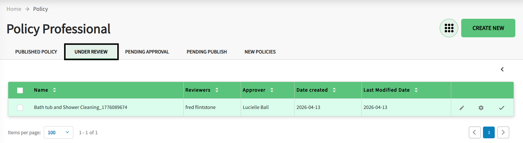 The Main Policy Professional page is displayed and the under review tab is highlighted.