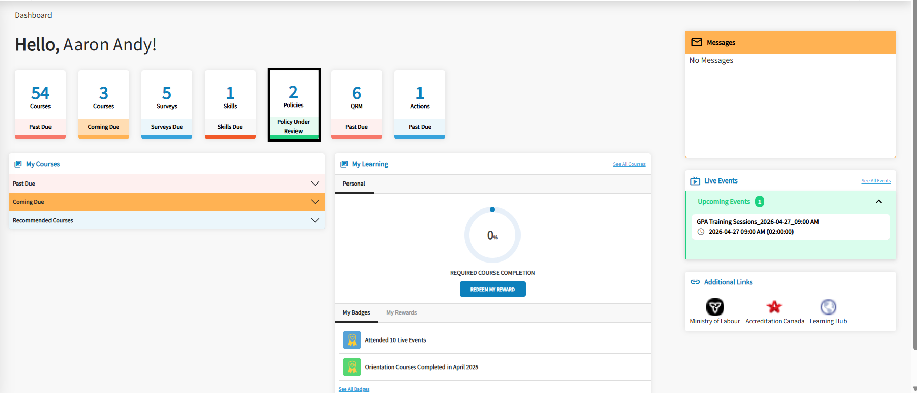 The main dashboard page is displayed with the Policy Under Review tab highighted.