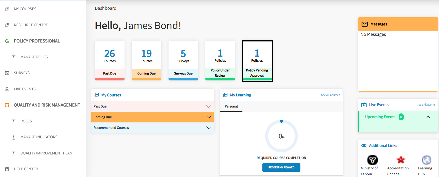 The main dashboard is displayed, and the Policy Pending Approval tile is highlighted.