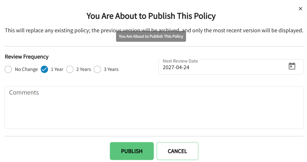The publish icon is displayed, which includes the frequency and next review date. 